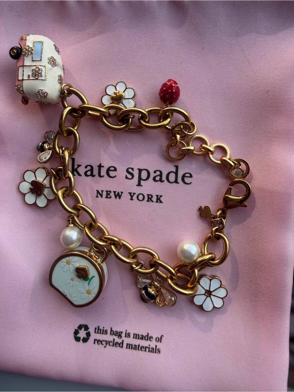 kate spade Gold-tone Floral & Charm Bracelet with White Enamel